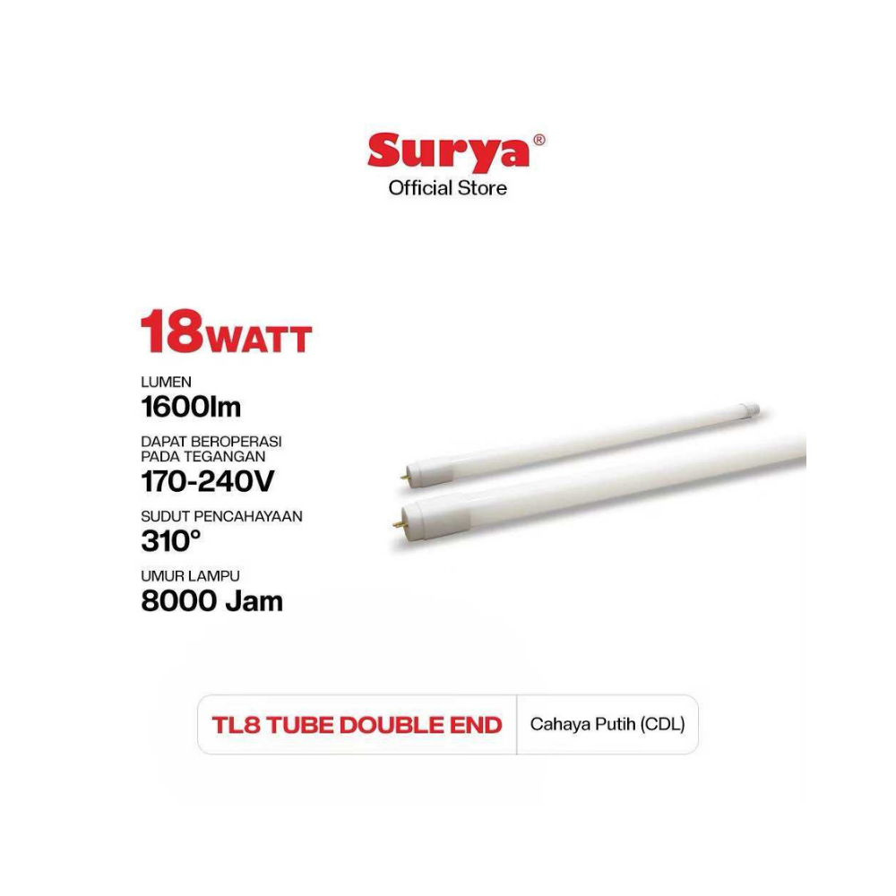 LAMPU T8 18W SURYA (DOUBLE END) PUTIH