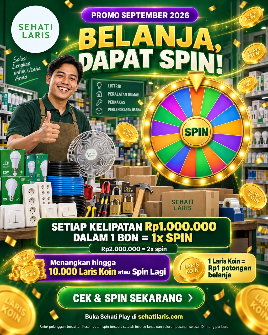 Promo September Sehati Play: setiap kelipatan belanja satu juta rupiah dalam satu bon mendapat satu kesempatan Spin the Wheel.